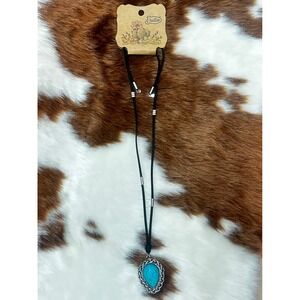 Justin Western Turquoise Teardrop Pendant Necklace Black Suede Cord Silver Tone